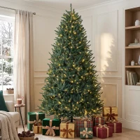 HOMCOM 9ft Prelit Christmas Tree, Colorado Blue Spruce, Easy Plug, Hinged Xmas Tree with Warm White & Multi-Color LED Lights(m-10)