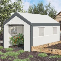 Outsunny 12' x 7' x 7' Greenhouse, Walk-in Outdoor Tunnel Green House with PE Cover, Steel Frame, 2 Roll-Up Zipper Doors & 4 Windows for Flowers, Vegetables, Tropical Plants, White/Dark Gray(m-14)