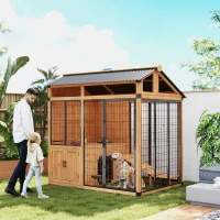 PawHut 7' x 5' Extra Large Dog House, Wood Outdoor Dog Kennel with Platform, Storage Cabinet for Large Breeds, Yellow(m-2)