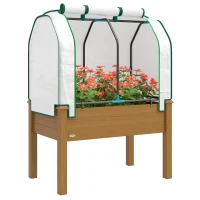Outsunny Raised Garden Bed with PE Greenhouse Cover Outdoor Planter Box for Herbs and Vegetables, 35 x 22 x 47 inch, Brown(m-11)