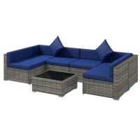 Outsunny 7 Pieces Outdoor Rattan Sofa Set, Wicker Patio Furniture Set with Glass Top Coffee Table, Pillows, Mixed Gray and Blue(m-1)