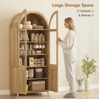 HOMCOM Arched Kitchen Pantry Cabinet, 71" Tall Farmhouse Kitchen Storage Cabinet with Acrylic Glass Doors, Oak(m-5)