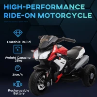 Qaba Kids Electric Motorcycle Ride-On Toy, with 3 Wheels, Music, Horn, Lights, Red(m-5)