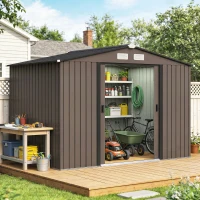 Outsunny Outdoor Shed Garden Storage Shed Tool Storage Building with 4 Vents and 2 Sliding Doors, 9 x 6 FT, Brown(m-10)