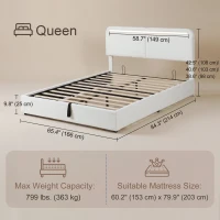 HOMCOM Queen Size Bed Frame with Charging Station, LED Lights, Adjustable Headboard, Upholstered Platform Bed Frame White(m-3)