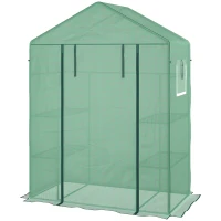 Outsunny Walk-in Mini Greenhouse with Mesh Door & Windows, Portable Garden Green House with 3 Tier Shelves, Green(m-11)