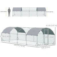 PawHut Galvanized Large Metal Chicken Coop Cage Walk-in Enclosure Poultry Hen Run House Playpen Rabbit Hutch with Cover for Outdoor Backyard 9.2' x 24.9' x 6.5' Silver(m-3)