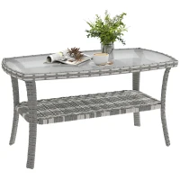 Outsunny Outdoor Coffee Table with Storage Shelf, PE Wicker Patio Table with Glass Top for Garden, Backyard, Dark Grey(m-9)