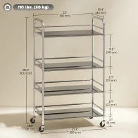 HOMCOM 4 Tier Stainless Steel Rolling Cart with Adjustable Shelves, Utility Cart on Wheels with Handles for Kitchen, Silver(m-3)
