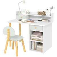 Qaba Kids Study Table and Chair Set, Kids Desk and Chair Set w/ Storage and Shelves, for 3-8 Year Old, Green(m-9)