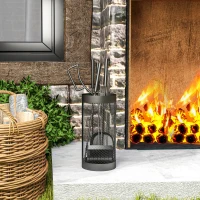 Outsunny Fireplace Tool Set with Mesh Basket, 5 Piece Fire Place Kit with Brush, Shovel, Poker, Tongs for Indoor Outdoor Use(m-7)