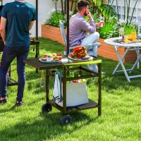 Outsunny Outdoor Grill Dining Cart with Stainless Steel Top and Foldable Side Table, BBQ Movable Pizza Oven Stand Food Prep Table Trolley with Hooks Shelf Cover, Black(m-1)