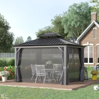 Outsunny 10' x 12' Hardtop Gazebo with Curtains and Netting, Permanent Pavilion Metal Double Roof Gazebo Canopy with Aluminum Frame and Hooks, for Garden, Patio, Backyard, Charcoal Gray(m-2)