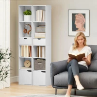 HOMCOM 6-Tier Bookcase, Tall Narrow Bookshelf with Drawer and Door, White(m-7)