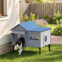 PawHut Heated Cat House Weatherproof with Heating Pad, Elevated Base, Safe Escape Door, for Stray, Barn Cats(m-8)