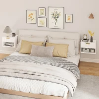 HOMCOM Floating Nightstands, Wall Mounted Bedside Tables Set of 2 with Drawer and Open Shelf, White(m-9)