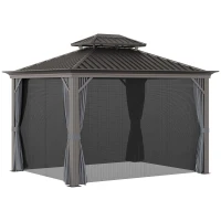 Outsunny 10' x 12' Hardtop Gazebo with Curtains and Netting, Permanent Pavilion Metal Double Roof Gazebo Canopy with Aluminum Frame and Hooks, for Garden, Patio, Backyard, Charcoal Gray(m-11)