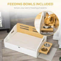 PawHut Elevated Dog Bed with Dog Bowls, Raised Furniture Style Pet Sofa for Cat with Soft Cushion, Washable Cover, for Small and Medium Sized Dog(m-5)
