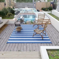 Outsunny Reversible Outdoor Rug Carpet, 9' x 12' Waterproof Plastic Straw Rug, Portable RV Camping Rugs with Carry Bag, Large Floor Mat for Backyard, Deck, Picnic, Beach, Blue & White Striped(m-10)