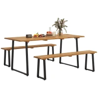 Outsunny Picnic Table and Bench Set for 6 Persons with 2" Umbrella Hole, Slatted Top & Steel Frame, for Party, BBQ, Patio, Lawn(m-9)