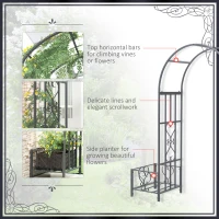 Outsunny 6.7' Steel Garden Arch Arbor with Scrollwork Hearts, Planter Boxes for Climbing Vines, Ceremony, Weddings, Dark Gray(m-6)