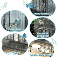 PawHut 61"H Divided Breeder Bird Cage with Rolling Stand Removable Metal Tray, Storage Shelf, Wood Perch, and Food Container, Dark Grey(m-4)