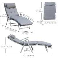 Outsunny Lounge Chair Outdoor, Folding Patio Chaise Lounger, 360 lbs 7-Position Adjustable Back Outdoor Recliner with Cushion, Headrest for Garden, Backyard, Poolside, Grey(m-3)