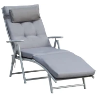 Outsunny Lounge Chair Outdoor, Folding Patio Chaise Lounger, 360 lbs 7-Position Adjustable Back Outdoor Recliner with Cushion, Headrest for Garden, Backyard, Poolside, Grey(m-2)
