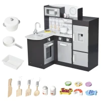 Qaba Corner Kids Kitchen Playset, Wooden Pretend Toy Kitchen Set with Drinking Fountain, Microwave, Fridge and Accessories, Pretend Play Kitchen for 3+ Years, Black(m-1)
