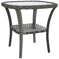 Outsunny Outdoor Coffee Table with Storage Shelf, Hand-Woven Wicker Side Table with Water-Ripple Glass Top, Mix Grey(m-9)