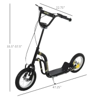 Aosom Youth Scooter Front and Rear Caliper Dual Brakes 12-Inch Inflatable Front Wheel Ride On Toy For Age 5+ - Black(m-3)