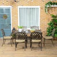 Outsunny 7 Pieces Patio Dining Set with Umbrella Hole, Cast Aluminum Outdoor Patio Furniture Set with 6 Cushioned Chairs and Rectangle Dining Table, for Garden, Lawn, Deck, Khaki(m-8)