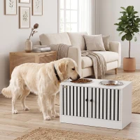 PawHut Elevated Dog Bowls with Storage Cabinet,  2 Stainless Steel Bowls, Slow Feeder, Dog Feeding Station for Large Dogs, White(m-9)
