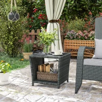 Outsunny 17.7" Wicker Side Table with Storage Shelf, Square PE Rattan Outdoor End Table with PS Wood Slat Top, Grey(m-8)