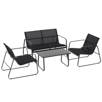 Outsunny 4 Piece Patio Furniture Set, Outdoor Conversation Set with Loveseat Sofa, Armchairs, Glass Top Coffee Table, Black(m-9)