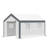 Outsunny 12' x 7' x 7' Greenhouse, Walk-in Outdoor Tunnel Green House with PE Cover, Steel Frame, 2 Roll-Up Zipper Doors & 4 Windows for Flowers, Vegetables, Tropical Plants, White/Dark Gray(m-15)