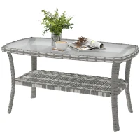 Outsunny Outdoor Coffee Table with Storage Shelf, PE Wicker Patio Table with Glass Top for Garden, Backyard, Dark Grey(m-2)