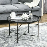 HOMCOM Vintage Coffee Table for Living Room, 24" Round Center Table with Hammered Tray Top and Metal Frame, Pewter(m-3)