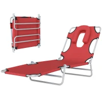 Outsunny Folding Lounge Chair Outdoor, Tanning Chair with Face Hole Arm Slots, Beach Chaise Lounger with Pillow, 5-Position Adjustable Portable Sun Lounger Bed for Pool, Red(m-11)