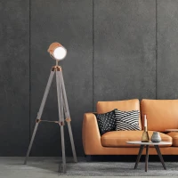 HOMCOM Vintage Tripod Floor Lamp, Height Adjustable Nautical Spotlight with Wood Legs, E12 Lamp Base for Living Room, Bedroom, Grey and Rose Gold(m-10)
