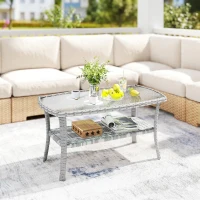 Outsunny Outdoor Coffee Table with Storage Shelf, PE Wicker Patio Table with Glass Top for Garden, Backyard, Dark Grey(m-1)