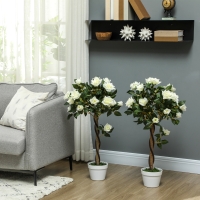 Outsunny 3FT Artificial Plant White Rose Floral Set of 2 in Pot, Fake Plant for Home Indoor Decor