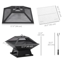 Outsunny 17.7" Wood Burning Portable Fire Pit, Outdoor Firepit with Cooking BBQ Grill, Spark Screen, Poker for Backyard, Black(m-3)