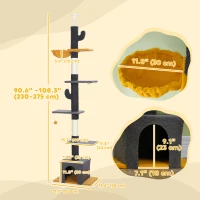 PawHut Floor to Ceiling Cat TreeTower with 90.5"-108" Adjustable Height, Scratching Posts, Hammock, Condo, Toy Ball, Dark Grey(m-3)