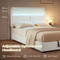 HOMCOM Queen Size Bed Frame with Charging Station, LED Lights, Adjustable Headboard, Upholstered Platform Bed Frame White(m-7)