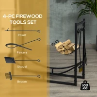 Outsunny 33" Firewood Rack Outdoor Indoor with 4-Piece Fireplace Tools, Firewood Holder with 2 Tiers, Black(m-4)
