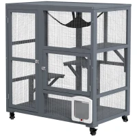 PawHut Cat Condo Wooden Indoor Cat House on Wheels with Cat Flap Door Platforms Hammock Openable Top for 2 Cats, Light Grey(m-2)