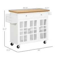 HOMCOM Rolling Kitchen Island with Storage, Utility Kitchen Cart with 2 Drawers, 2 Cupboards, Towel Rack and Spice Rack, Microwave Cart for Dining Room, White(m-3)