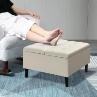 HOMCOM 30" Square Storage Ottoman, Upholstered Ottoman Coffee Table with Lift Top, Button Tufted and Wood Legs, Accent Footstool for Living Room, Cream White(m-2)
