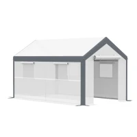 Outsunny 12' x 7' x 7' Greenhouse, Walk-in Outdoor Tunnel Green House with PE Cover, Steel Frame, 2 Roll-Up Zipper Doors & 4 Windows for Flowers, Vegetables, Tropical Plants, White/Dark Gray(m-1)